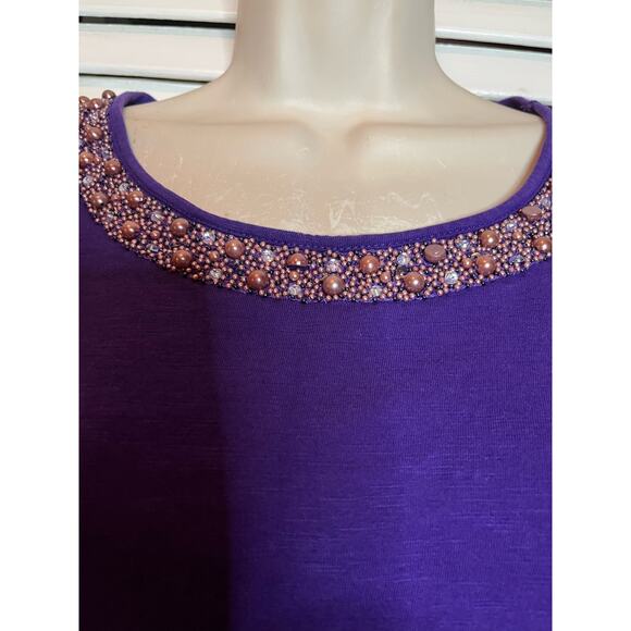 Coldwater Creek purple beaded neckline 100% cotton‎ knit top M Perfect Classy - Picture 5 of 5